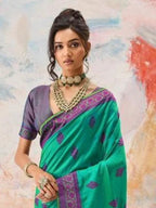 Emerald Green Kanjivaram silk weaving saree torso and blouse styling view