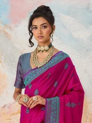 Hot Pink Kanjivaram silk weaving saree torso and blouse styling view