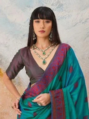 Teal Blue Kanjivaram silk weaving saree torso and blouse styling view