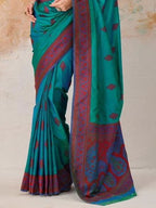 Teal Blue Kanjivaram silk weaving saree pallu and weave detail close-up