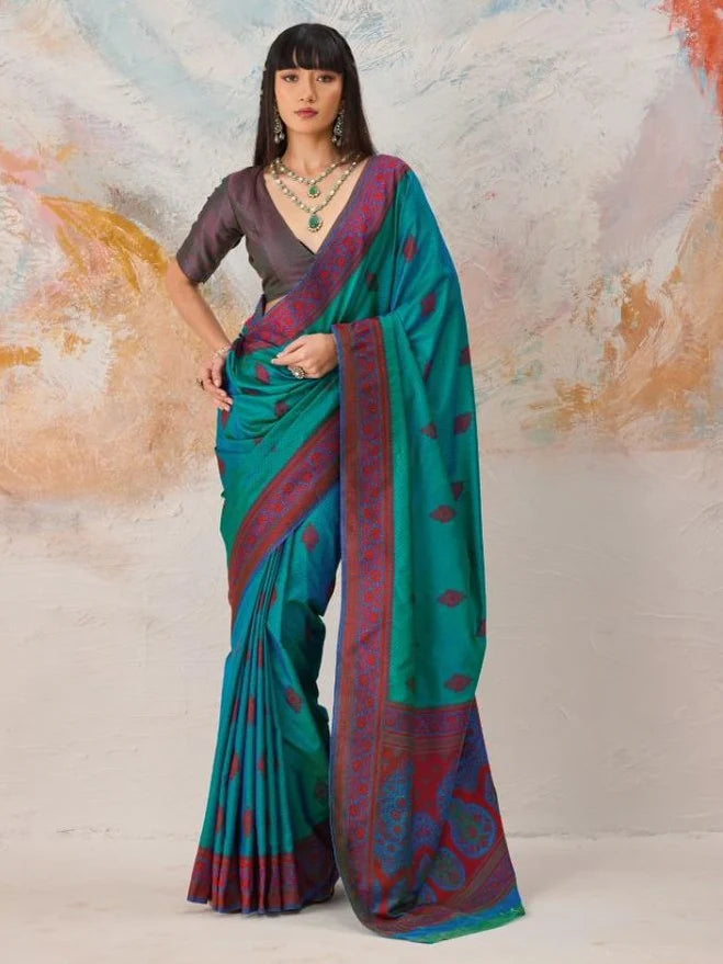 Teal Blue Kanjivaram silk weaving saree full drape view