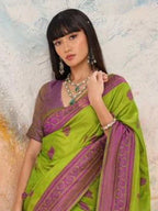 Lime Green Kanjivaram silk weaving saree torso and blouse styling view
