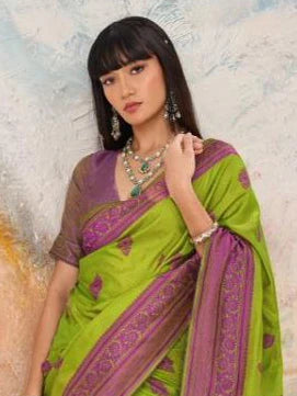 Lime Green Kanjivaram silk weaving saree torso and blouse styling view