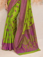 Lime Green Kanjivaram silk weaving saree pallu and weave detail close-up