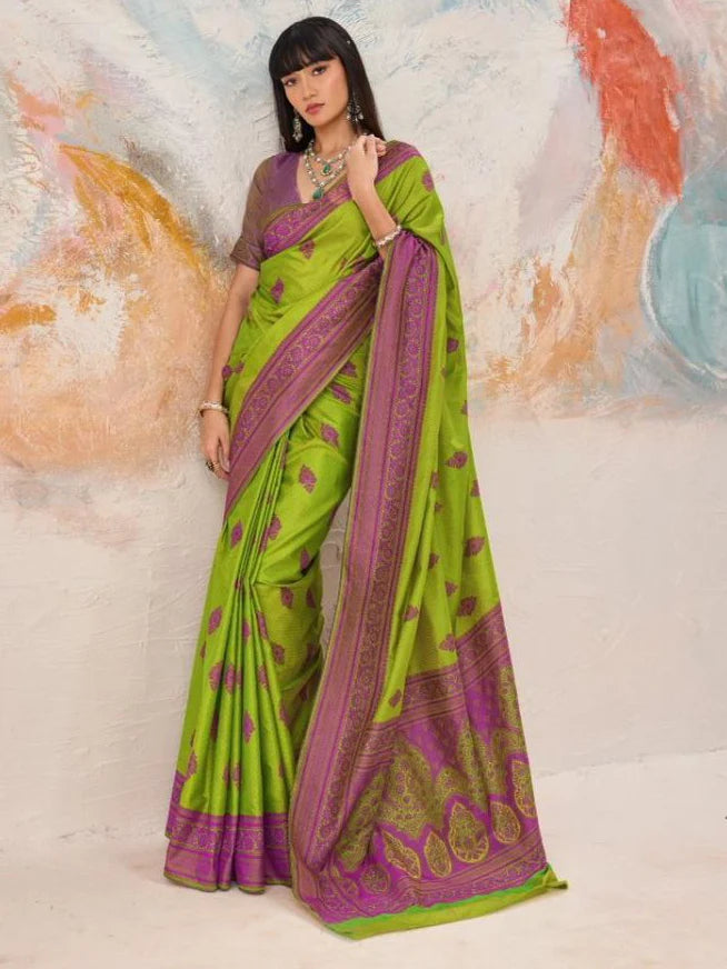 Lime Green Kanjivaram silk weaving saree full drape view