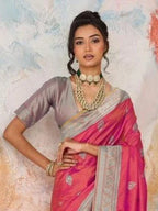 Rose Pink Kanjivaram silk weaving saree torso and blouse styling view