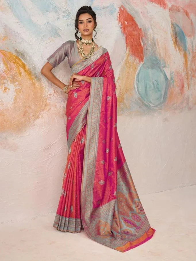 Rose Pink Kanjivaram silk weaving saree full drape view