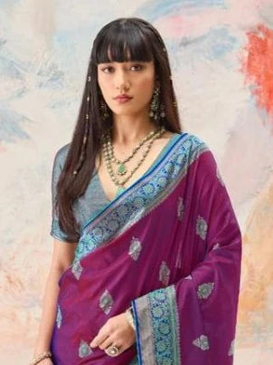 Purple Kanjivaram silk weaving saree torso and blouse styling view
