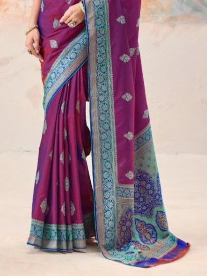 Purple Kanjivaram silk weaving saree pallu and weave detail close-up