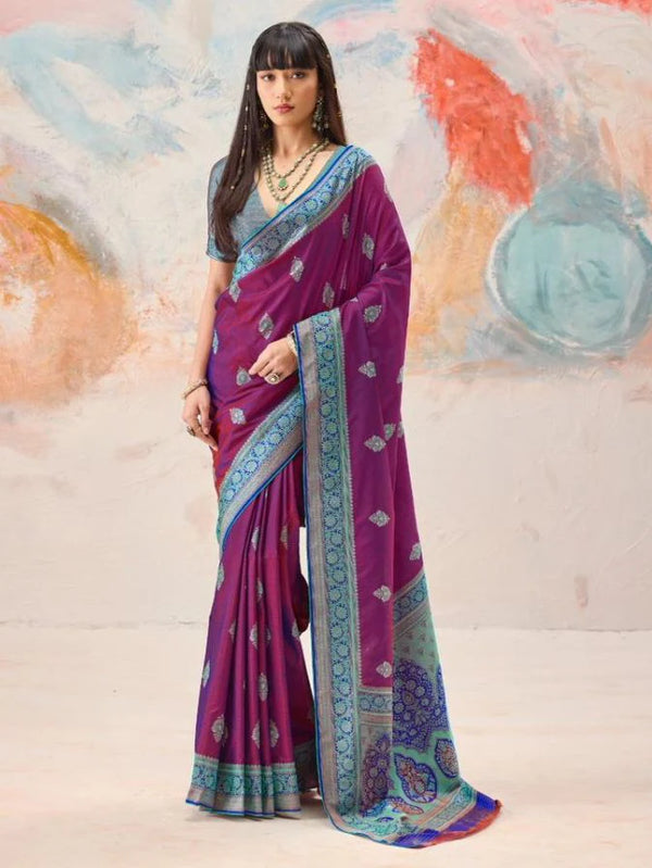 Purple Kanjivaram silk weaving saree full drape view