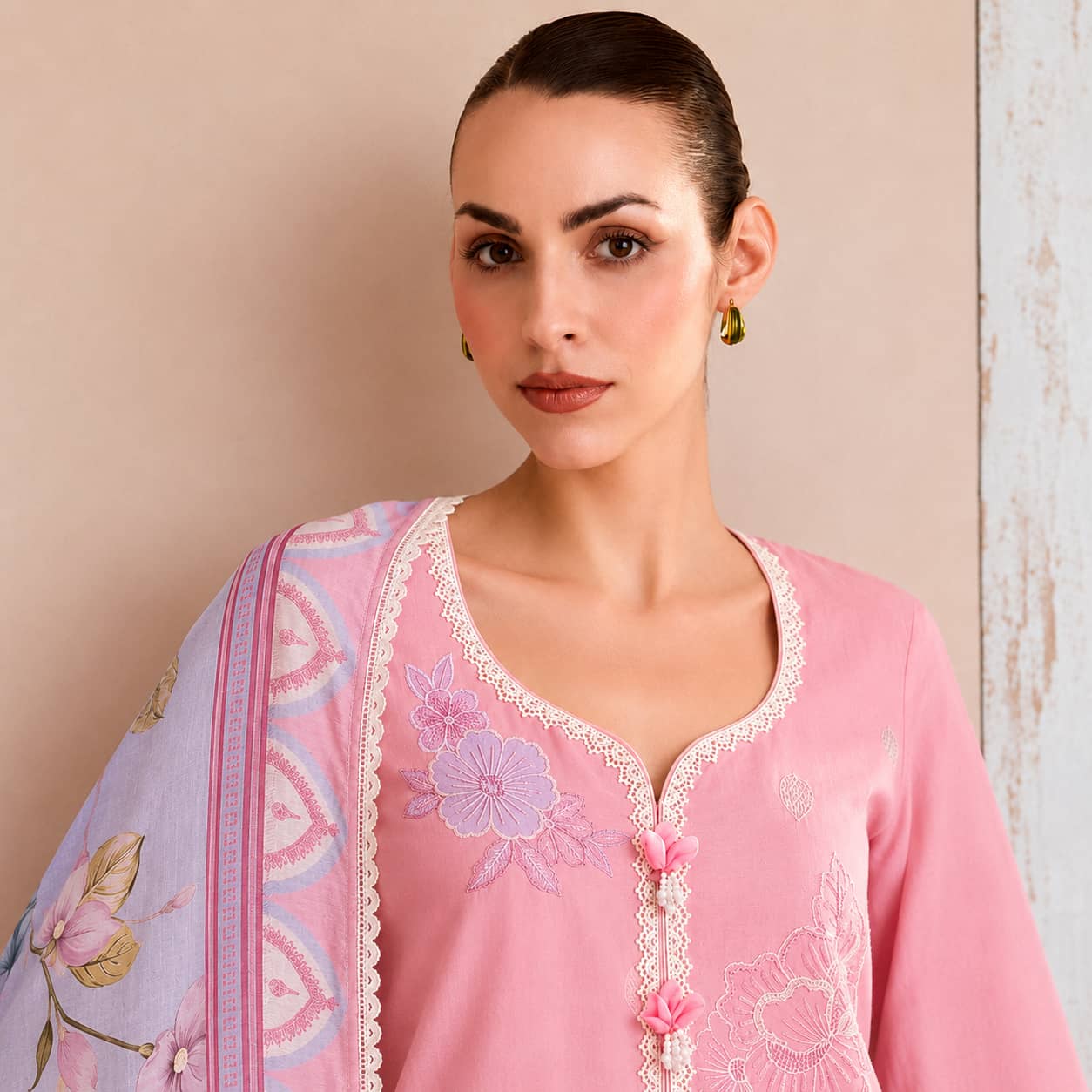 Pink Pure Cotton Lawn Embroidered Salwar Suit with Digital Print Bemberg Muslin Dupatta
