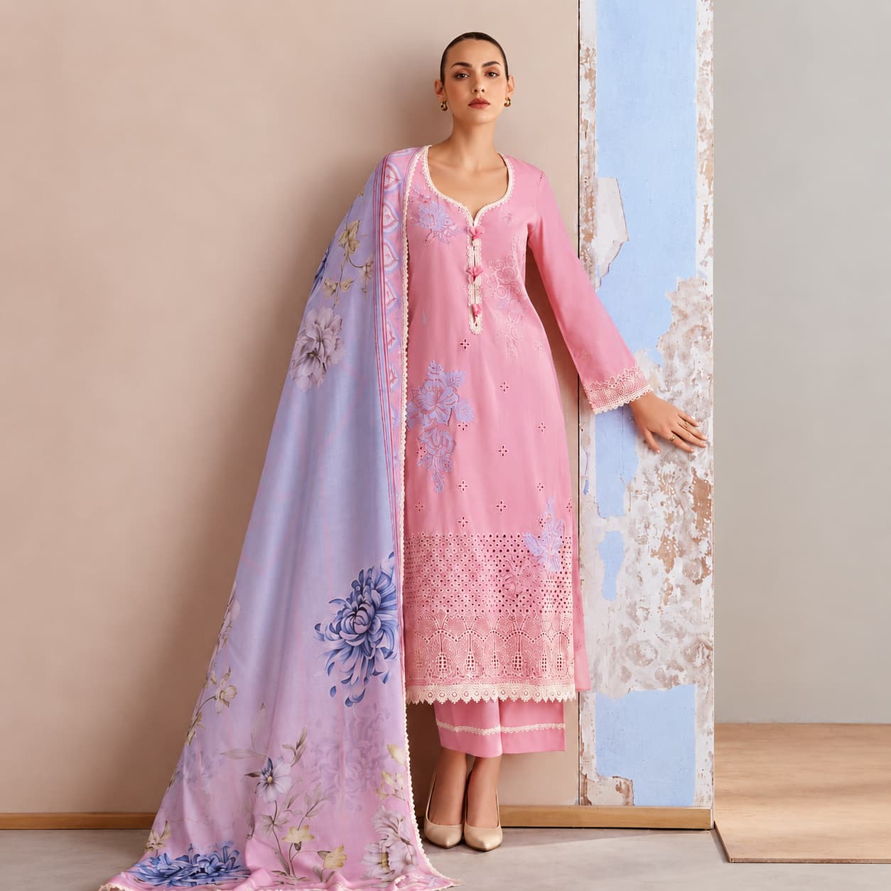 Pink Pure Cotton Lawn Embroidered Salwar Suit with Digital Print Bemberg Muslin Dupatta