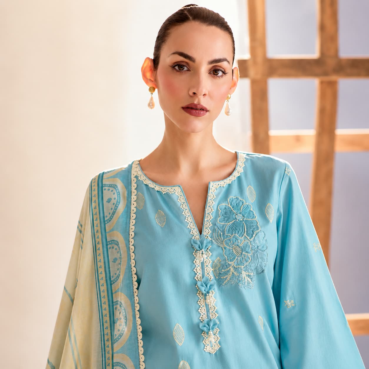Aqua Blue Pure Cotton Lawn Embroidered Salwar Suit with Digital Print Bemberg Muslin Dupatta