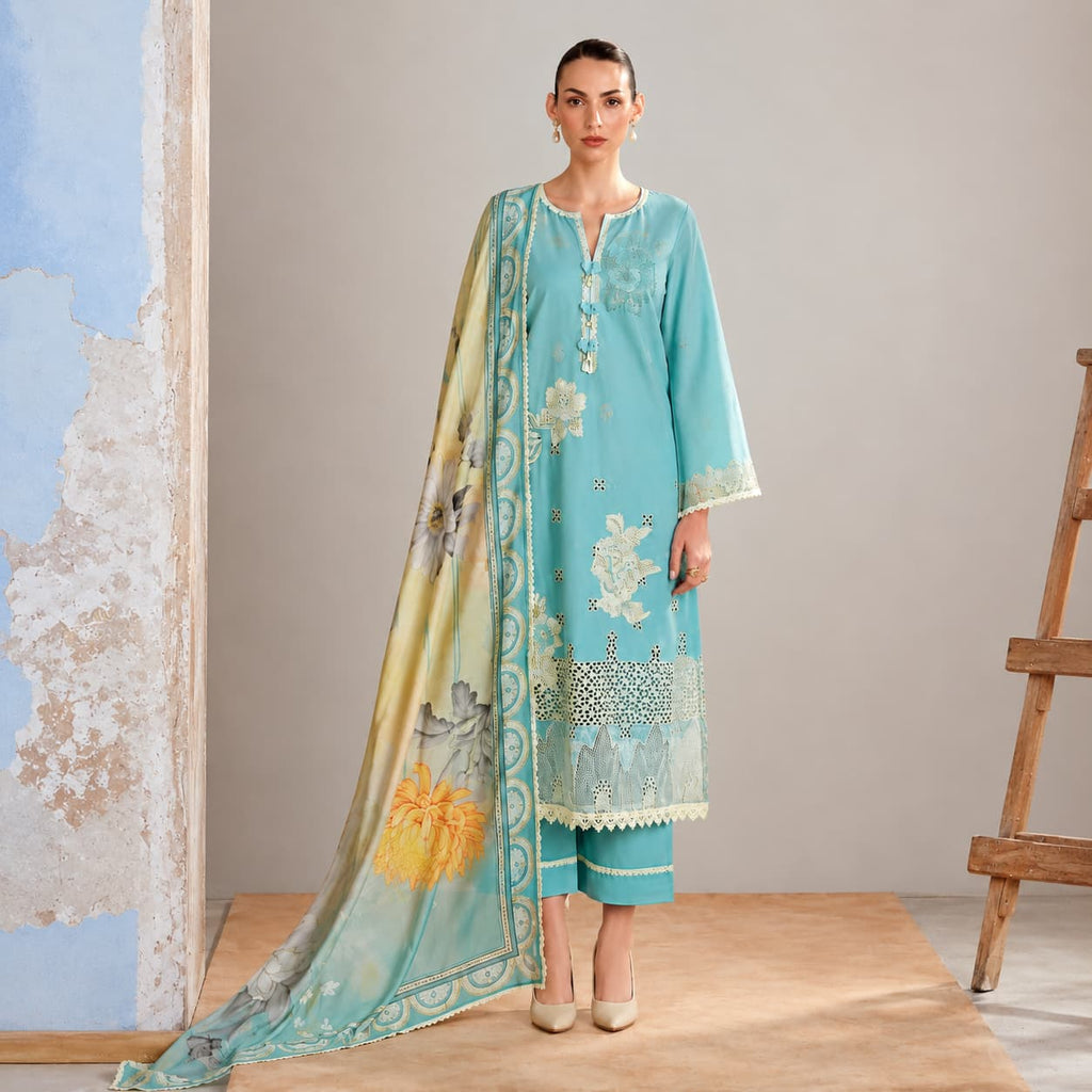 Aqua Blue Cotton Lawn Embroidered Unstitched Salwar Kameez with Digital Print Dupatta