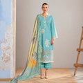 Aqua Blue Cotton Lawn Embroidered Unstitched Salwar Kameez with Digital Print Dupatta