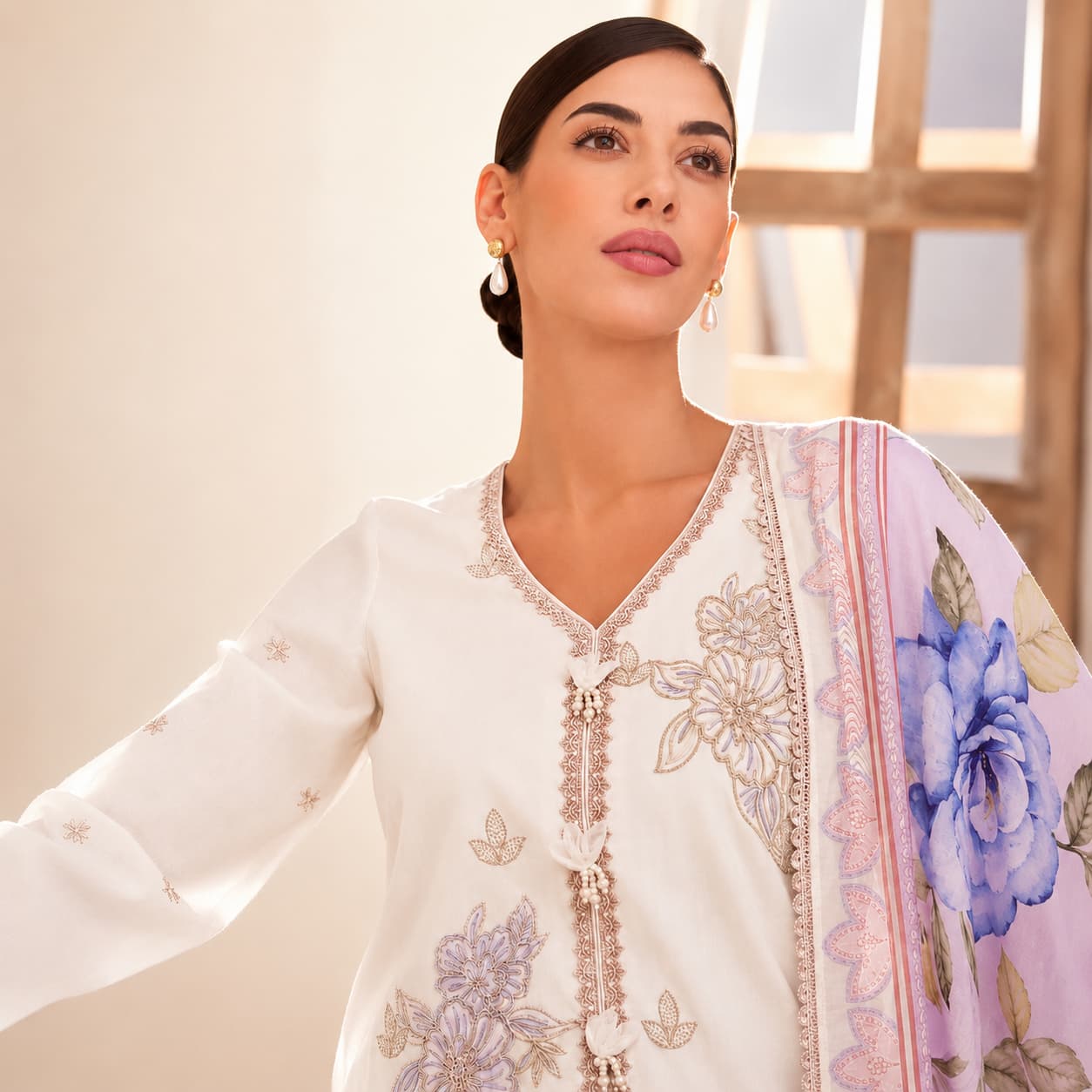 Ivory Pure Cotton Lawn Embroidered Salwar Suit with Digital Print Bemberg Muslin Dupatta