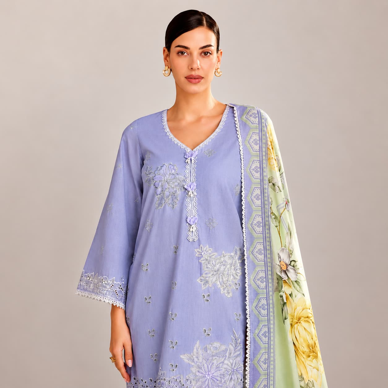 Lavender Pure Cotton Lawn Embroidered Salwar Suit with Digital Print Bemberg Muslin Dupatta