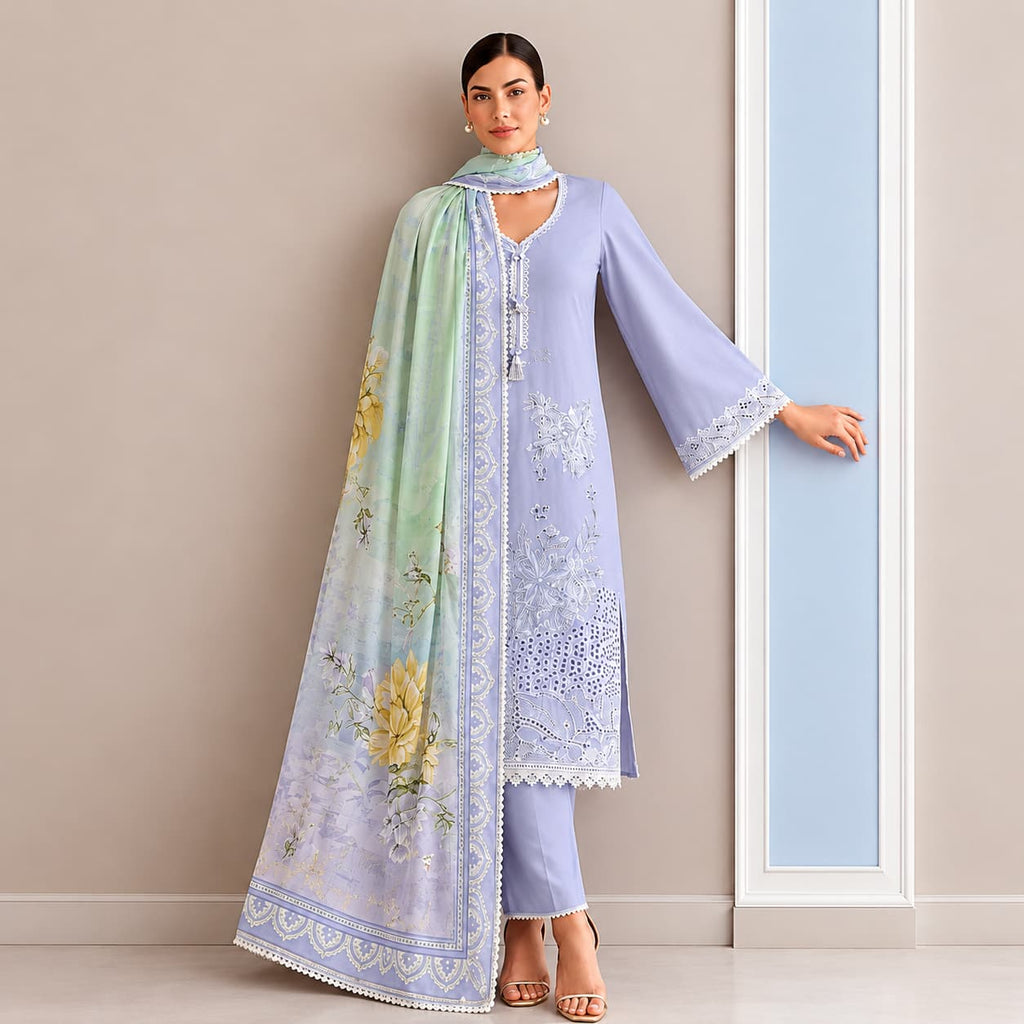 Lavender Pure Cotton Lawn Embroidered Salwar Suit with Digital Print Bemberg Muslin Dupatta