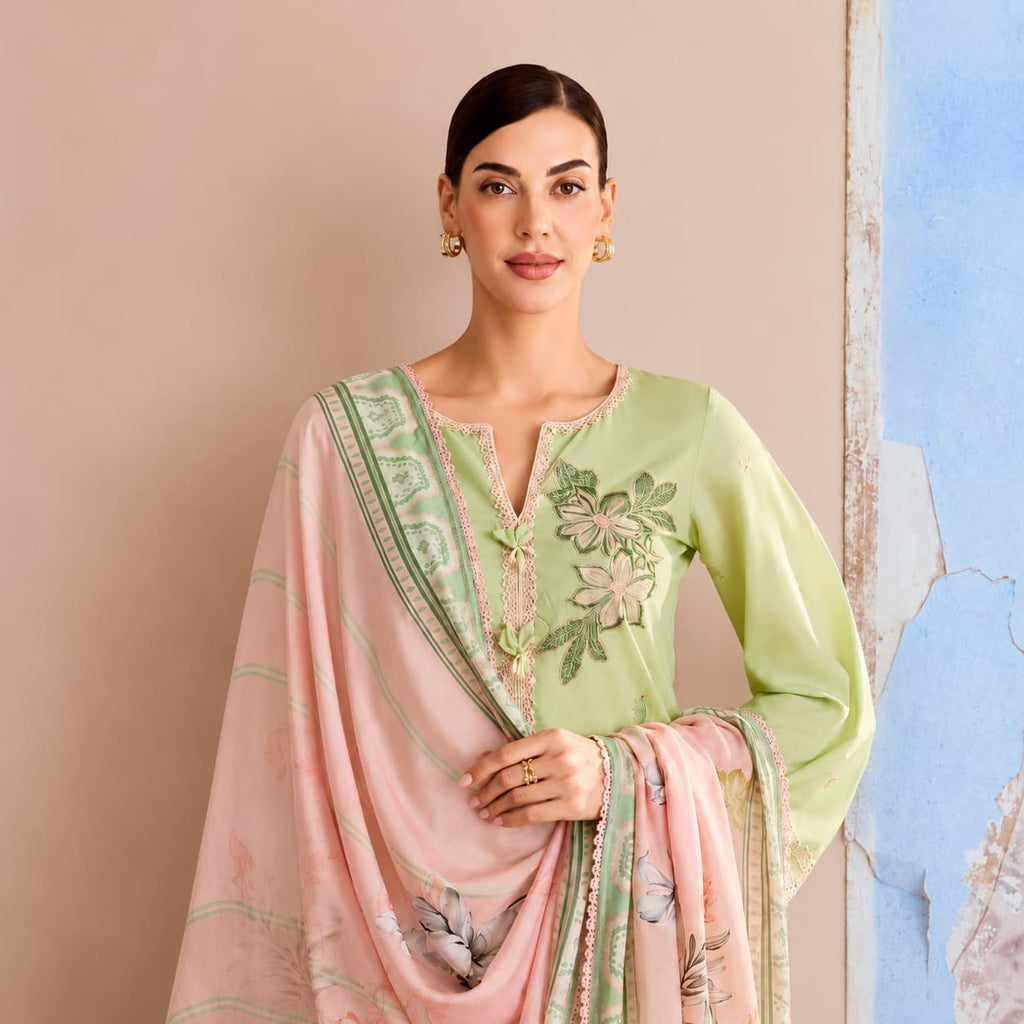 Unstitched Mint Green Pure Cotton Lawn Embroidered Salwar Kameez with Bemberg Muslin Dupatta