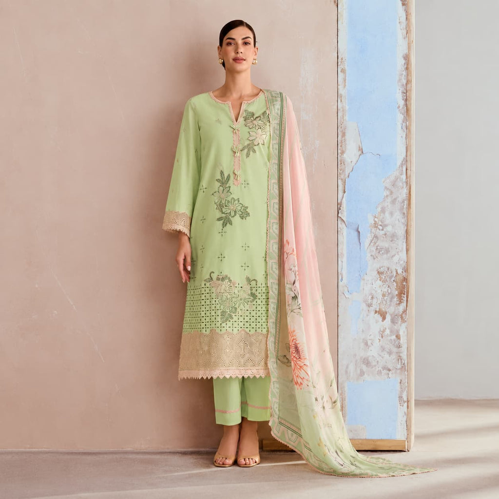 Unstitched Mint Green Pure Cotton Lawn Embroidered Salwar Kameez with Bemberg Muslin Dupatta