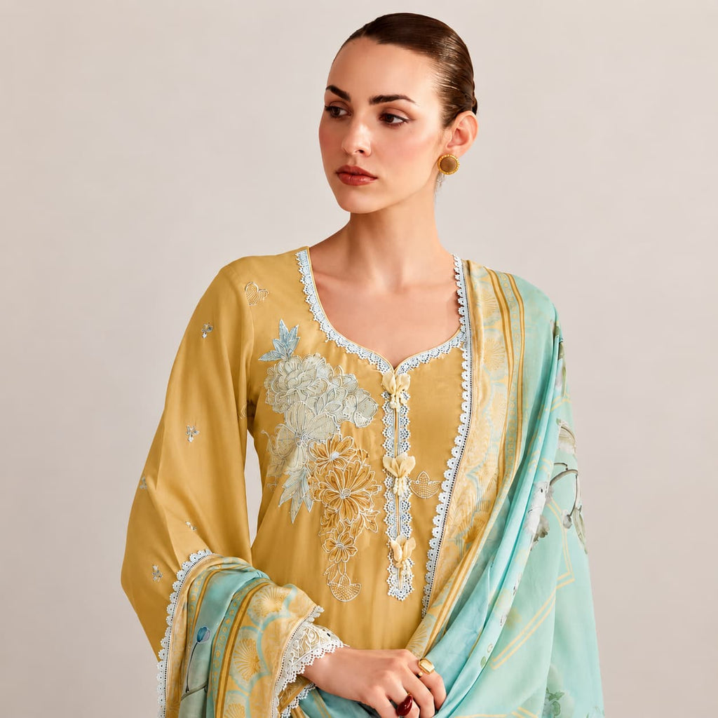 Mustard Pure Cotton Lawn Embroidered Salwar Suit with Digital Print Bemberg Muslin Dupatta