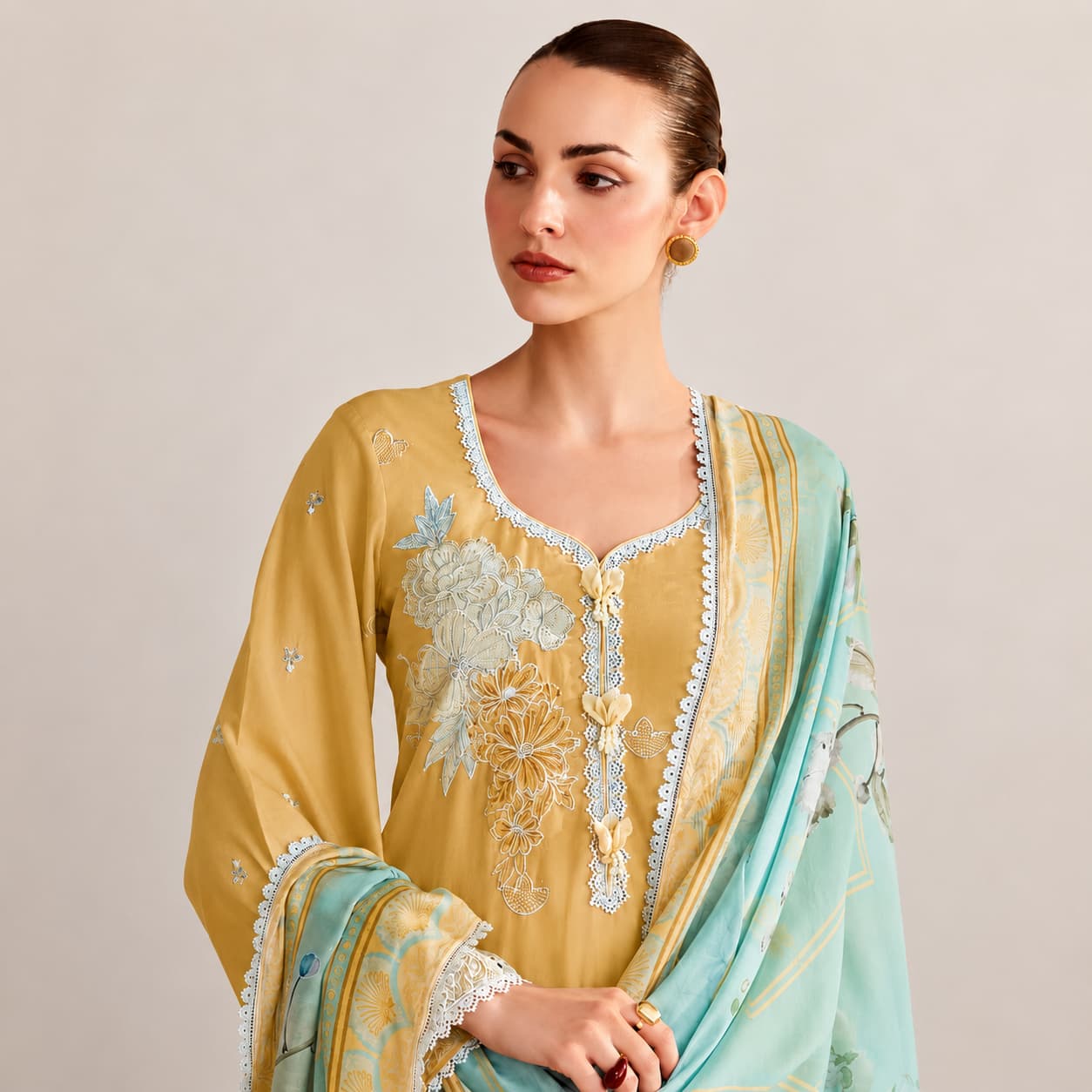 Mustard Pure Cotton Lawn Embroidered Salwar Suit with Digital Print Bemberg Muslin Dupatta