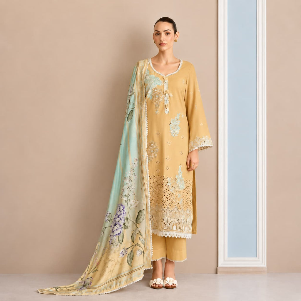 Mustard Pure Cotton Lawn Embroidered Salwar Suit with Digital Print Bemberg Muslin Dupatta