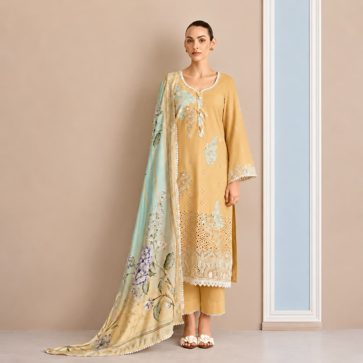Mustard Pure Cotton Lawn Embroidered Salwar Suit with Digital Print Bemberg Muslin Dupatta