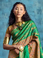 Emerald Green Silk Handloom Pochampally saree torso and blouse styling view