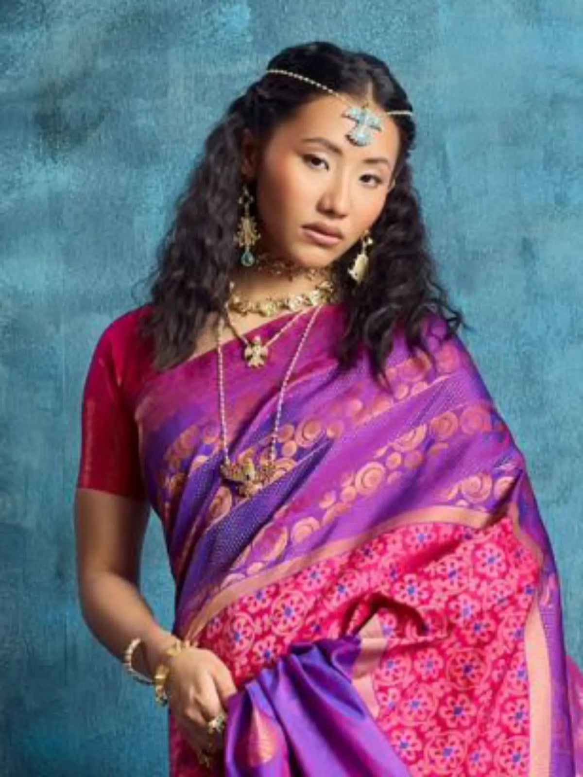 Purple Pink Silk Handloom Pochampally saree torso and blouse styling view