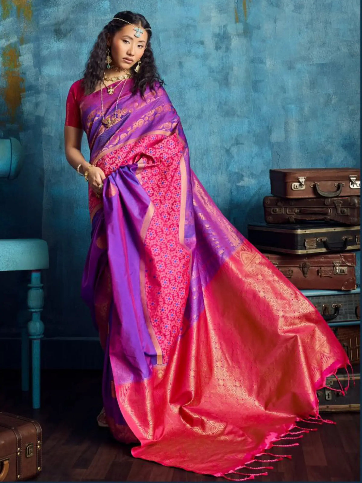 Purple Pink Silk Handloom Pochampally saree full drape view