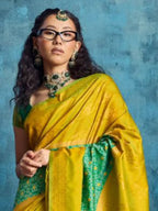 Mustard Yellow Silk Handloom Pochampally saree torso and blouse styling view