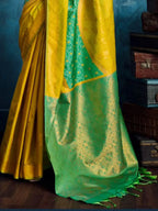 Mustard Yellow Silk Handloom Pochampally saree pallu and weave detail close-up