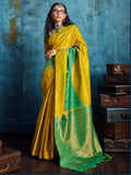 Mustard Yellow Silk Handloom Pochampally saree full drape view