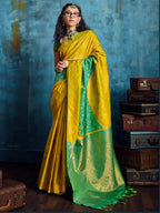 Mustard Yellow Silk Handloom Pochampally saree full drape view