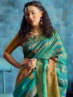 Teal Blue Silk Handloom Pochampally saree torso and blouse styling view