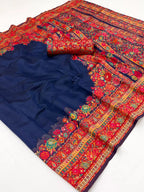 Navy Blue Pashmina handloom weaving saree model lifestyle view