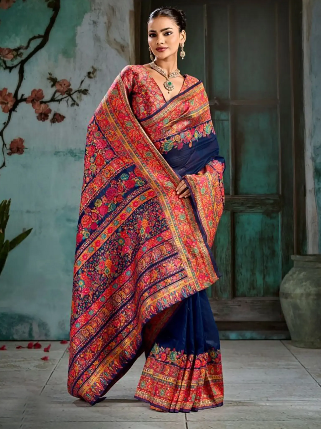 Navy Blue Pashmina handloom weaving saree full drape view