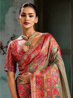Taupe Pashmina handloom weaving saree torso and blouse styling view