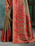 Taupe Pashmina handloom weaving saree pallu and weave detail close-up