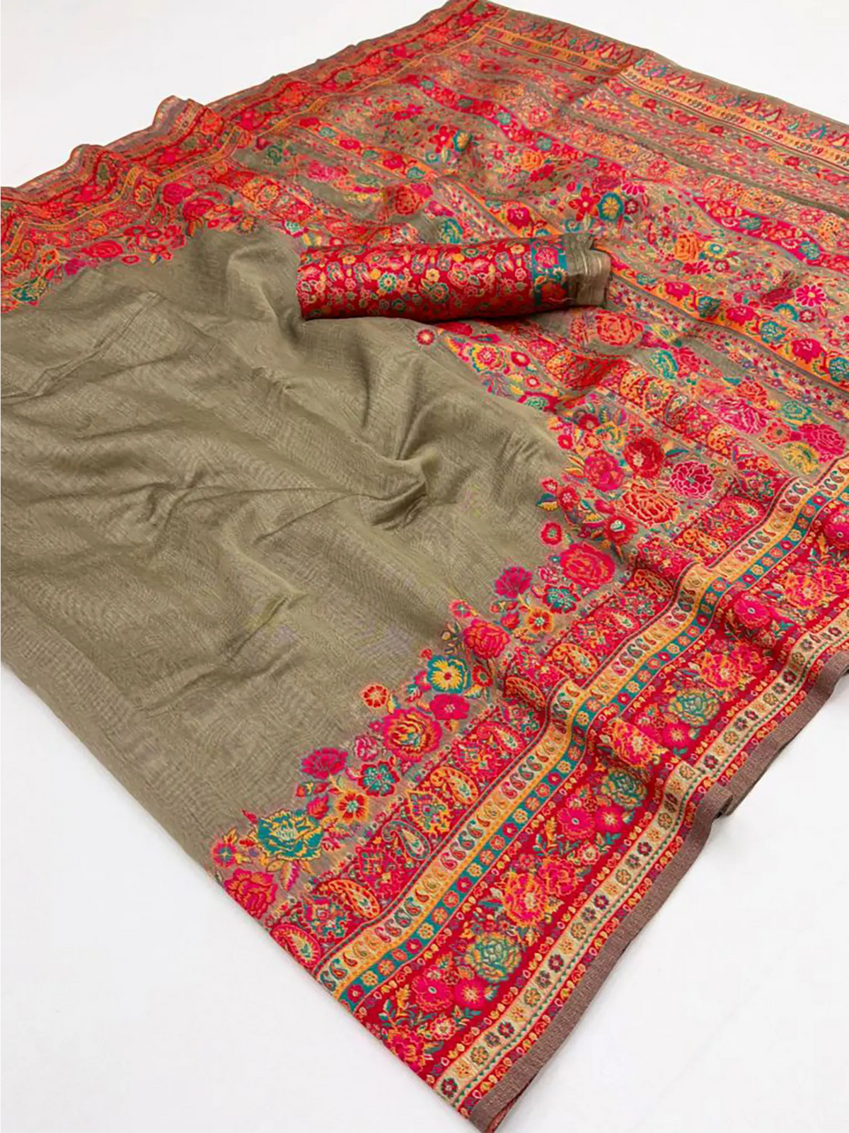 Taupe Pashmina handloom weaving saree model lifestyle view