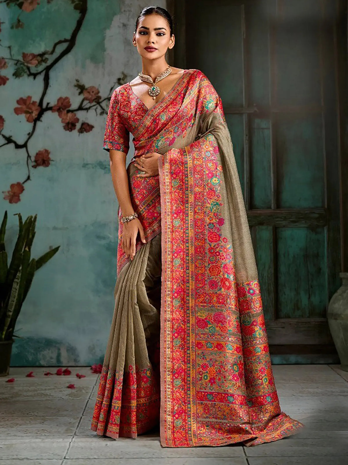 Taupe Pashmina handloom weaving saree full drape view