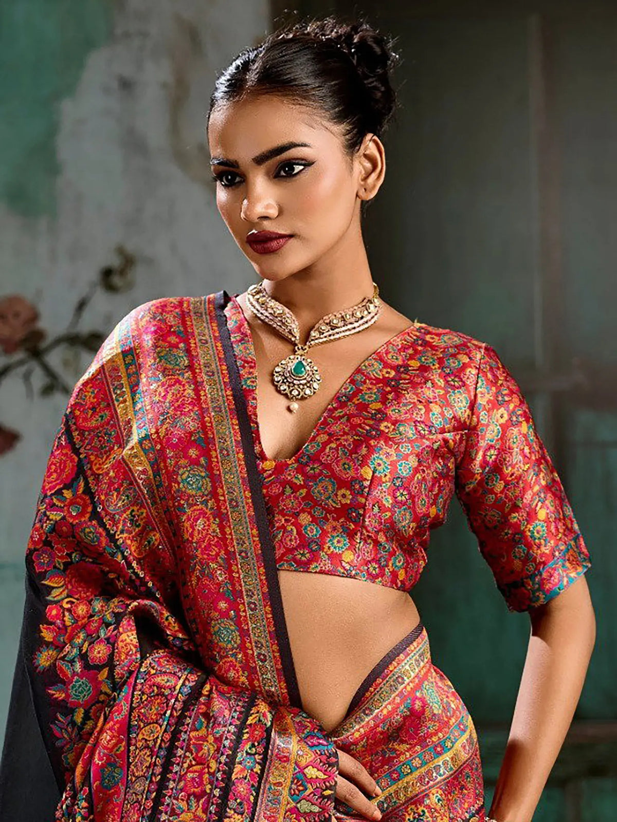 Black Pashmina handloom weaving saree torso and blouse styling view