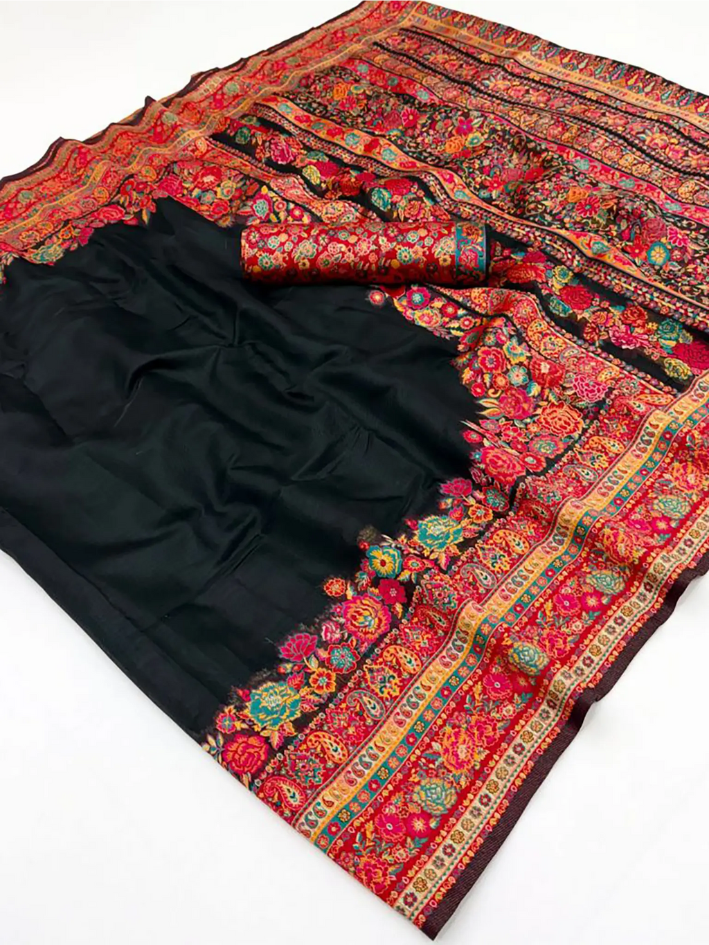 Black Pashmina handloom weaving saree model lifestyle view
