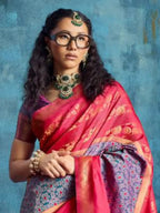 Hot Pink Silk Handloom Pochampally saree torso and blouse styling view