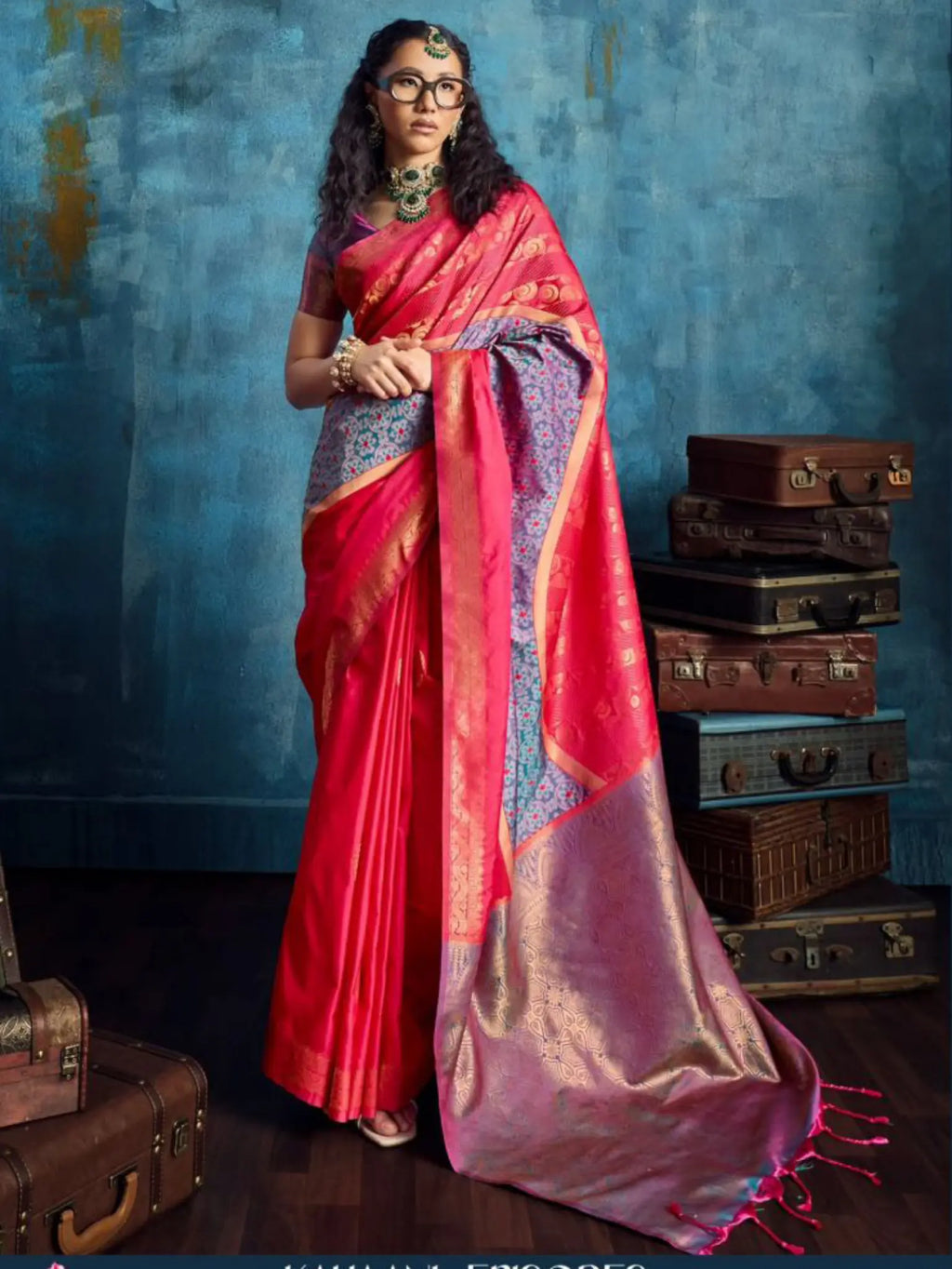 Hot Pink Silk Handloom Pochampally saree full drape view