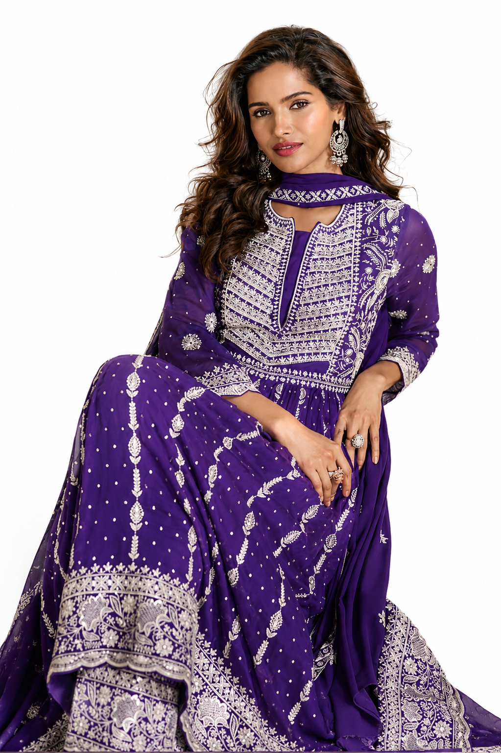 Royal Purple Georgette Heavy Full Embroidered Readymade Palazzo Suit with Dupatta