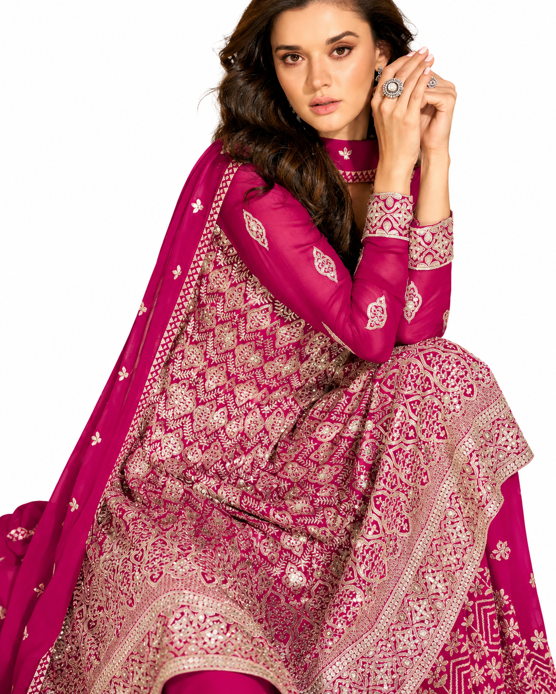 Rani Pink Georgette Heavy Full Embroidered Readymade Palazzo Suit with Dupatta