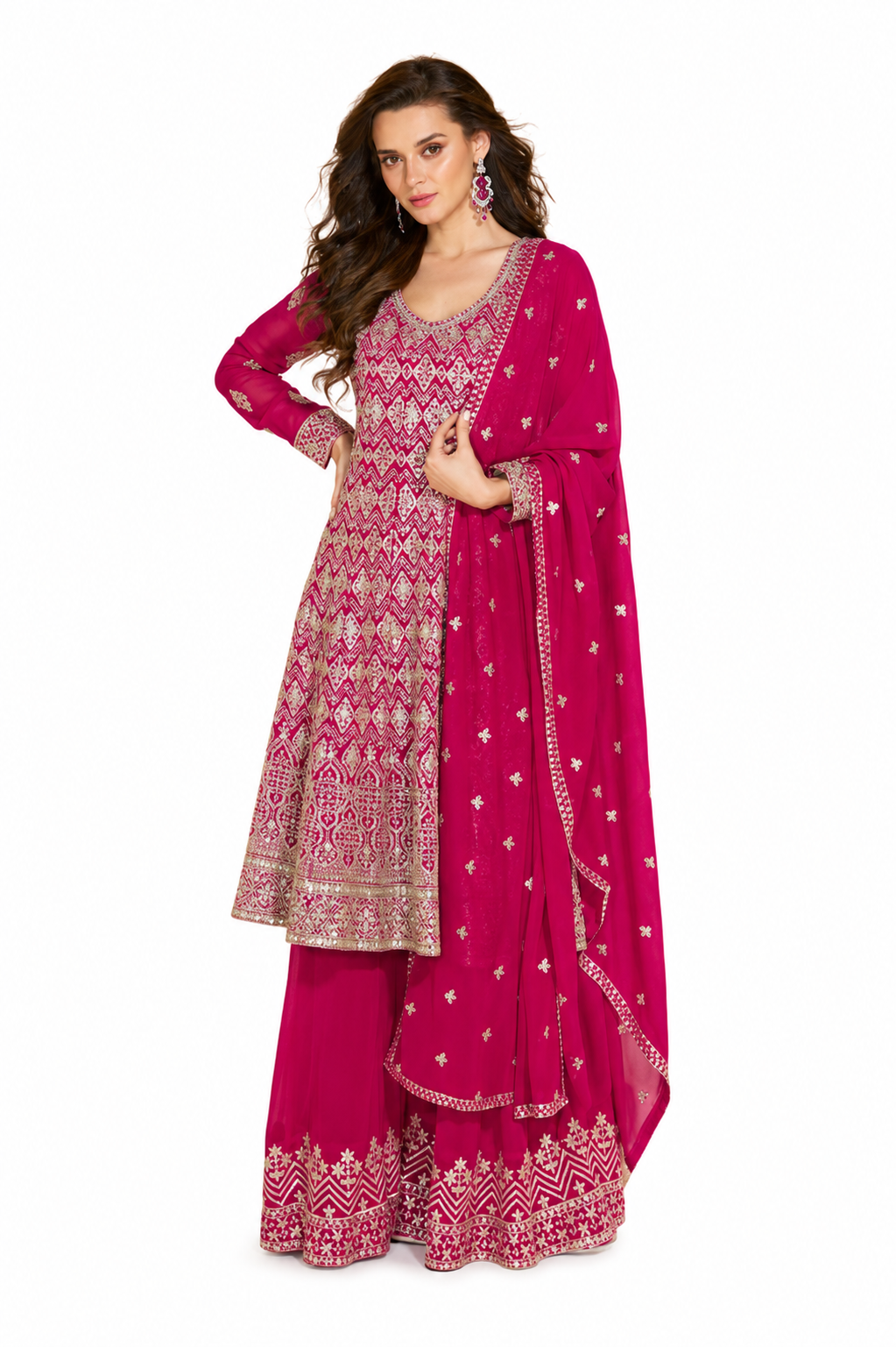 Rani Pink Georgette Heavy Full Embroidered Readymade Palazzo Suit with Embroidered Dupatta by Naksh Creation