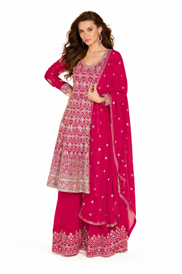 Rani Pink Georgette Heavy Full Embroidered Readymade Palazzo Suit with Embroidered Dupatta by Naksh Creation
